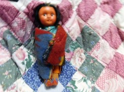 6 1/2" NATIVE SKOOKUMS COMPO / CELLULOID MASK FACE, WOOD LEGS DOLL, BLANKET, BEADS, CHOICE 